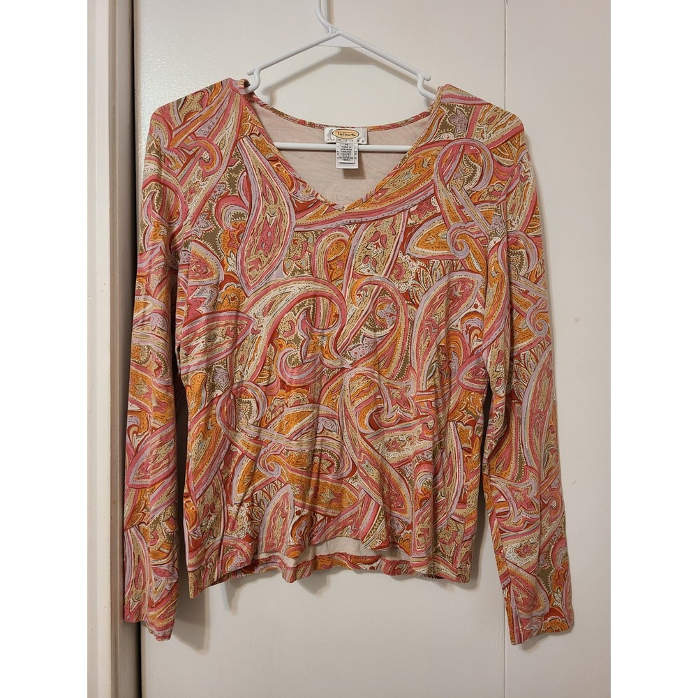 Talbots Petite Long-sleeve V-neck Vibrant Orange and Pink Paisley Print. Size PM